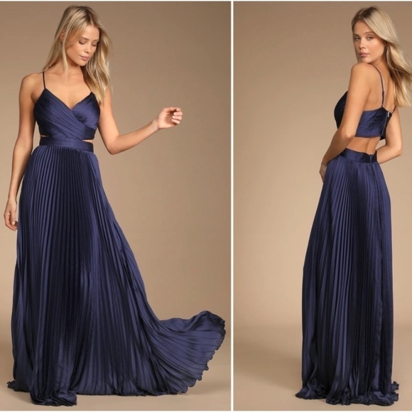 LULUS Prom Wedding Bridesmaid Got the Glam Navy Blue Pleated Cutout Maxi Dress - Picture 1 of 5
